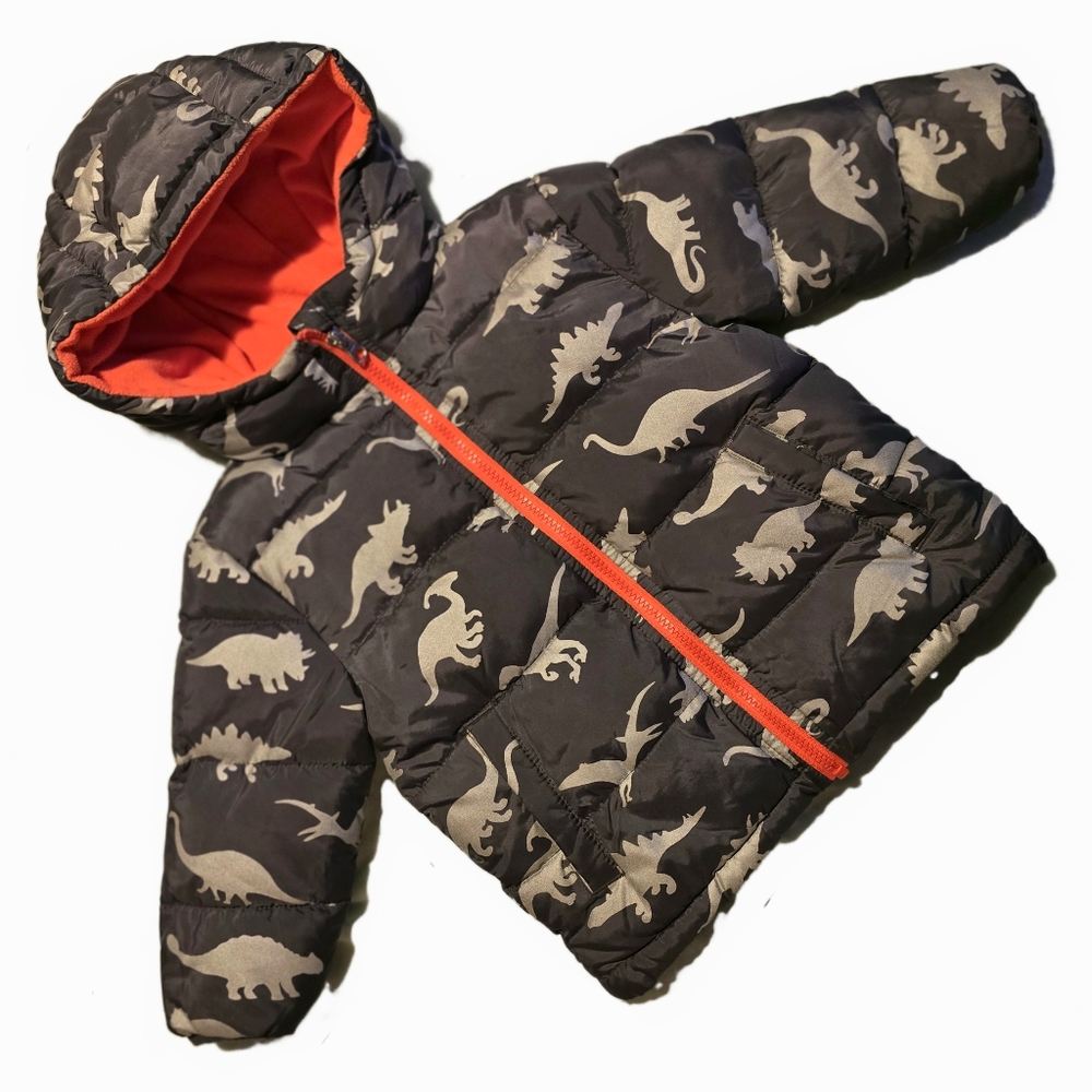 🔵 ☆ NWOT ☆ Wonder Nation Toddler Dino Print Bubble Jacket 2T Orange Grey